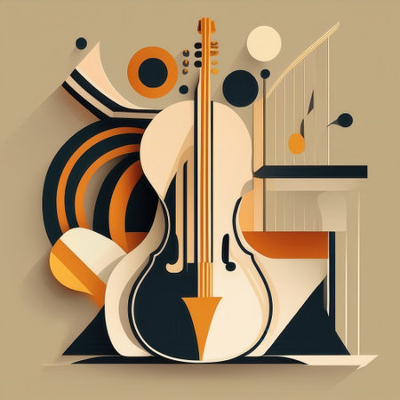 A vibrant display of abstract jazz elements, showcasing a bold musical instrument amidst geometric shapes in neutral tones.の素材