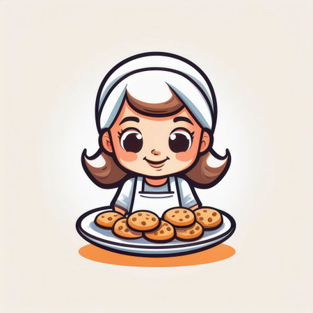 Cheerful girl in an apron smiles while presenting a plate filled with delicious cookies, showing her baking joy and creativity.の素材
