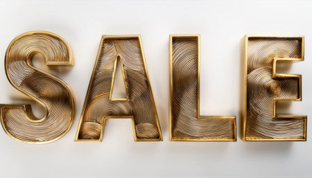 Gold metal letters forming the word sale feature intricate spiral engraving, displayed prominently in a contemporary setting.の素材