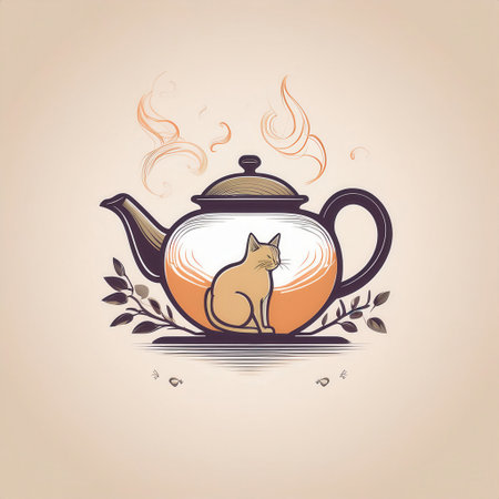 A minimalist representation features a Chinese teapot with rising steam, elegantly merging with a cat's silhouette, embodying warmth and serenity.の素材