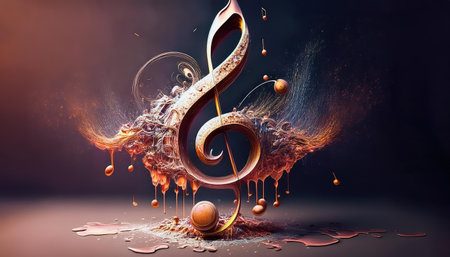 A treble clef dances amidst melting music notes, creating a colorful and vibrant atmosphere, with flowing shapes and textures blending harmoniously together.の素材