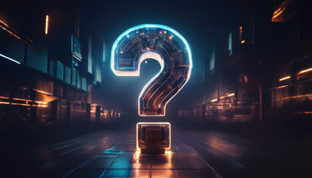 A vibrant firefly styled question mark glows in neon colors, casting light on a dimly lit, futuristic cityscape filled with sharp geometric shapes at night.の素材