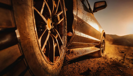 A damaged off road car has collided with a horizontal wall in a desert area during sunset, creating a dust cloud and highlighting the rugged environment.の素材