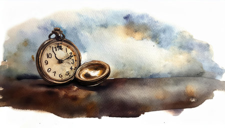 This intriguing watercolor features a firefly and a stopped clock, set against a serene background, conveying a sense of timelessness and stillness in nature.の素材