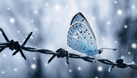 A delicate light blue butterfly clings to barbed wire, creating a striking contrast with the snowy backdrop and black and white tones, evoking a sense of solitude.の素材