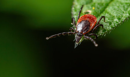 A tick characterized by its distinctive red and black coloring is perched on a green leaf in a lush...
