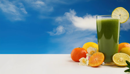 A tall glass filled with vibrant green juice sits prominently among fresh fruits, including lemons and tangerines, under a clear blue sky.の素材
