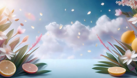 Bright and refreshing empty space showcases tall grass, green fruits, and lemon slices, enhancing the lively atmosphere under a clear blue sky with soft clouds.の素材