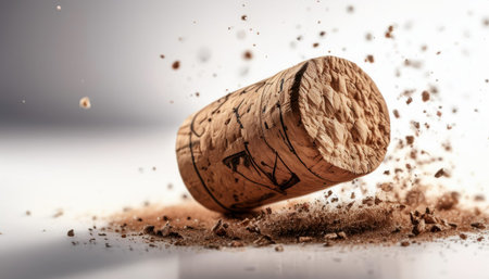 A wine cork crumbles into sand particles, illustrating its degradation due to age and dryness. The transformation highlights the natural decay process beautifully.の素材