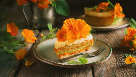 Delicate slice of vintage cake topped with orange flowers on a rustic wooden table, surrounded by vibrant petals and greenery.の素材
