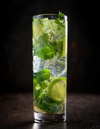 A tall glass of mojito with vibrant mint leaves and slices of lime, showing effervescence and freshness in a cozy setting.の素材
