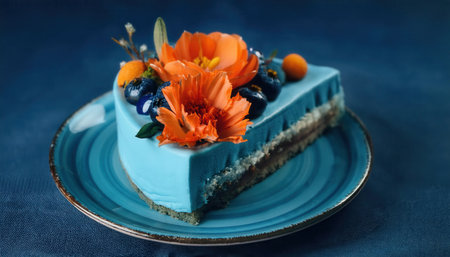 Delightful piece of blue vintage cake featuring orange cream flowers and fruits on a vibrant plate, perfect for a dessert celebration.の素材