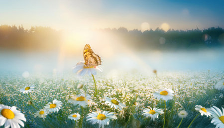 In a tranquil morning setting, a butterfly peppers on a vibrant daisy amidst a lush field of wildflowers, illuminated by soft sunlight and warmth of dawn.の素材