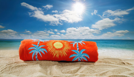 This vibrant beach towel features a bright sun and palm trees design, lying on warm sand, inviting relaxation and enjoyment under the summer sun.の素材