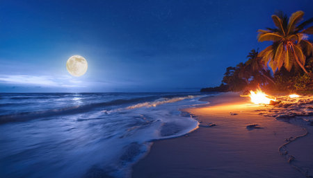 Golden sands of a tropical beach sparkle under a full moon as gentle waves lap at the shore near a cozy bonfire.の素材