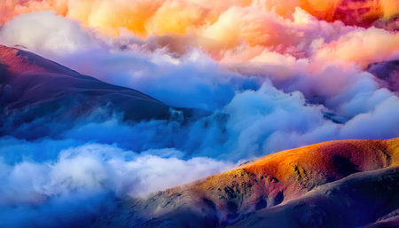 Beautiful landscape featuring rolling mountains bathed in sunrise colors, surrounded by vibrant clouds and smoke from below.の素材