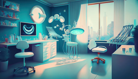 A dental office showcases a contemporary aesthetic with stylish furniture, dental equipment, and soothing colors, creating a welcoming space for patient visits.の素材