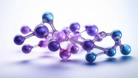 Intricate molecular structure glows in blue and purple lights, resembling a firefly, set against a white backdrop that highlights its details.の素材