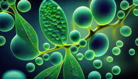 This illustration explores the complex interactions of eucalyptol with microorganisms, highlighting its antifungal and antibacterial effects in vivid detail.の素材