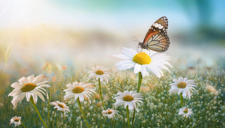 A butterfly rests delicately on a daisy in a vibrant meadow, surrounded by blooming flowers and greenery under soft morning sunlight, creating a serene natural scene.の素材