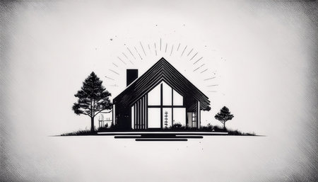 Logo design showcases a house stylized with geometric lines and surrounded by trees, symbolizing construction and home building with a modern aestheticの素材