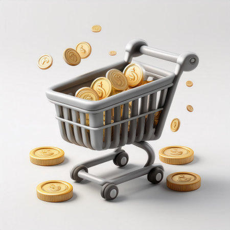 A gray shopping cart is floating mid-air, filled with golden coins, creating a whimsical atmosphere of abundance and commerce.の素材