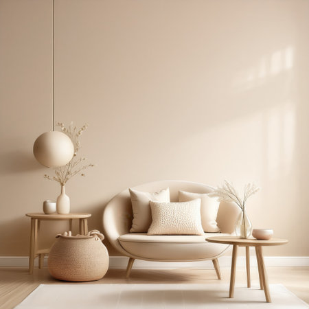 A serene interior space featuring a beige color palette, a comfortable sofa, and tasteful decor elements that enhance relaxation.の素材