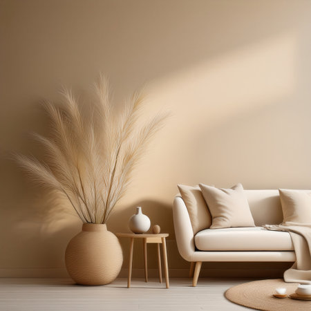 A calm living space features a beige sofa adorned with pillows, accompanied by a decorative vase and pampas grass, illuminated by soft natural light.の素材