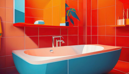 Modern bathroom design showcases bold red and orange tiles alongside sleek steel blue elements, creating a dynamic and stylish atmosphere.の素材