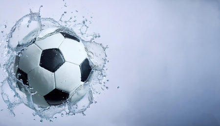 A soccer ball creates a dramatic splash in water, capturing the energetic essence of the sport and the thrill it brings to players and fans alike.の素材