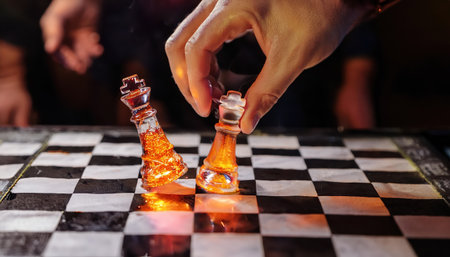 Players manipulate uniquely crafted chess pieces made from molten glass, creating a mesmerizing blend of artistry and strategy as they move them on the board.の素材