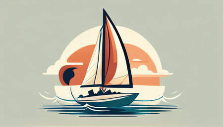 A whimsical sailboat sails across serene waters as the sun sets casting warm colors across the sky and creating a peaceful atmosphere for sailing enthusiasts.の素材