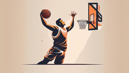 A firefly basketball player makes a swift jump shot aiming for the hoop during a game in the evening light demonstrating precision and energyの素材