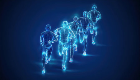 Athletes in a relay race are depicted in a dynamic wireframe style. The blue background enhances the sense of motion and teamwork among the runners as they compete.の素材