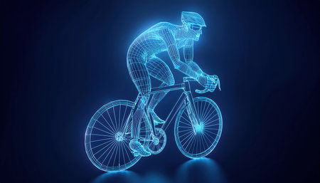 This artwork illustrates a cyclist in a wireframe style set against a vibrant blue background representing the essence of modern cycling sports technology and design.の素材