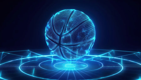 This figure highlights a wireframe basketball against a striking blue background emphasizing the intricacies of sports design and technology in athletic contextsの素材