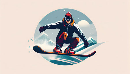 A snowboarder expertly navigates the snowy slopes surrounded by majestic mountains and a whimsical atmosphere under a bright skyの素材