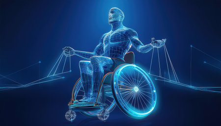 A wireframe figure representing adaptive athletics is shown in a blue background emphasizing the spirit of Paralympic sports with a focus on empowerment and achievement.の素材