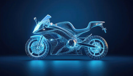 A wireframe design of a motorcycle is displayed prominently on a blue background highlighting its intricate structure and modern silhouette.の素材