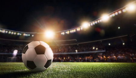 A beautiful soccer stadium comes alive at night with a sea of fans cheering. A ball rests on the lush green grass, awaiting the action to unfold.の素材