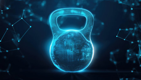 A dynamic kettlebell wireframe is displayed against a blue background highlighting its modern design symbolizing fitness innovation and digital artistry in sports.の素材