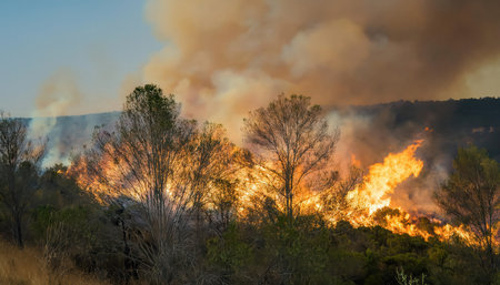 Flames rage through a forest, illustrating the dual nature of fire as both destructive and a catalyst for renewal in the ecosystem.の素材