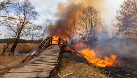 Flames engulf a wooden bridge in a forested area while smoke billows around, indicating a significant fire hazard nearby.の素材