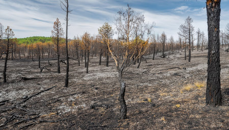 Wildfire aftermath reveals a landscape of blackened trees and gray ash, highlighting the destruction of a once-thriving ecosystem.の素材