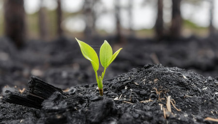 Young plants break through charred soil, signaling renewal and resilience following a significant forest fire.の素材