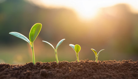 Morning light illuminates young seedlings emerging from rich soil, highlighting the vitality and growth of plants in a peaceful natural environment.の素材