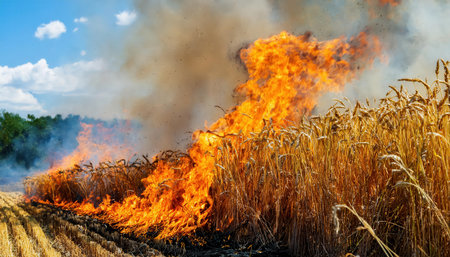 Large flames engulf wheat crops in agricultural fields under clear skies, highlighting the severity of the fire.の素材