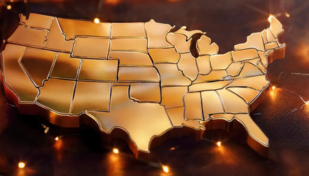 The captivating gold map of the United States showcases intricate state boundaries and geographical features, radiating a warm glow and elegance against a dark background.の素材