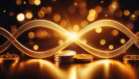 Dynamic representation showcases golden coins intertwined with flowing light streams, forming an infinity symbol that suggests abundance.の素材