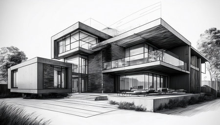 This sketch highlights the Firefly house's unique design with two interconnected volumes and large glass features.の素材